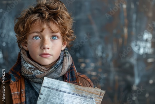 A boy with curly hair and a scarf holds sheet music against an intriguing metallic background