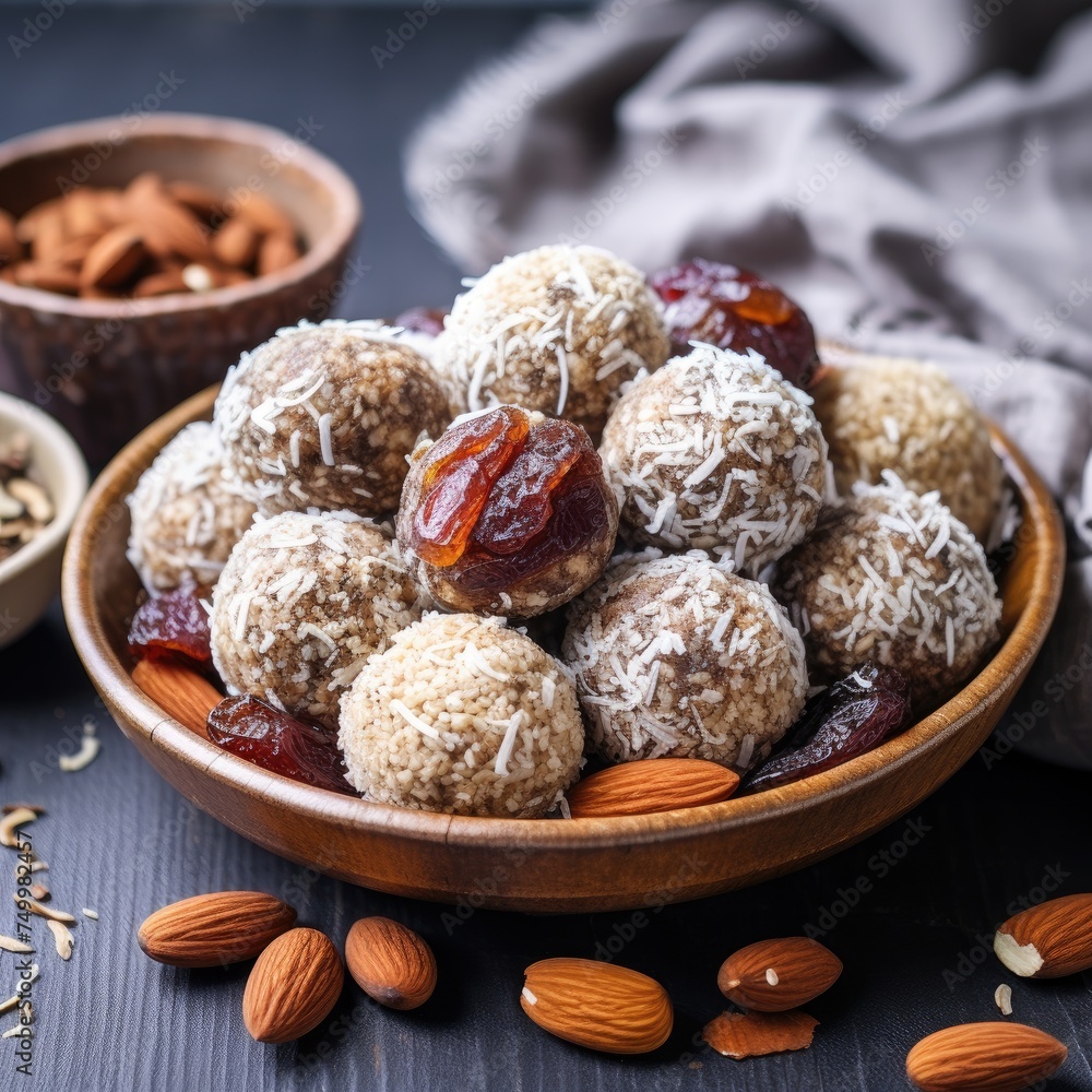 Raw vegan sweets, energy balls with dried fruits and coconut Raw vegan sweets, energy balls with dried fruits and coconut