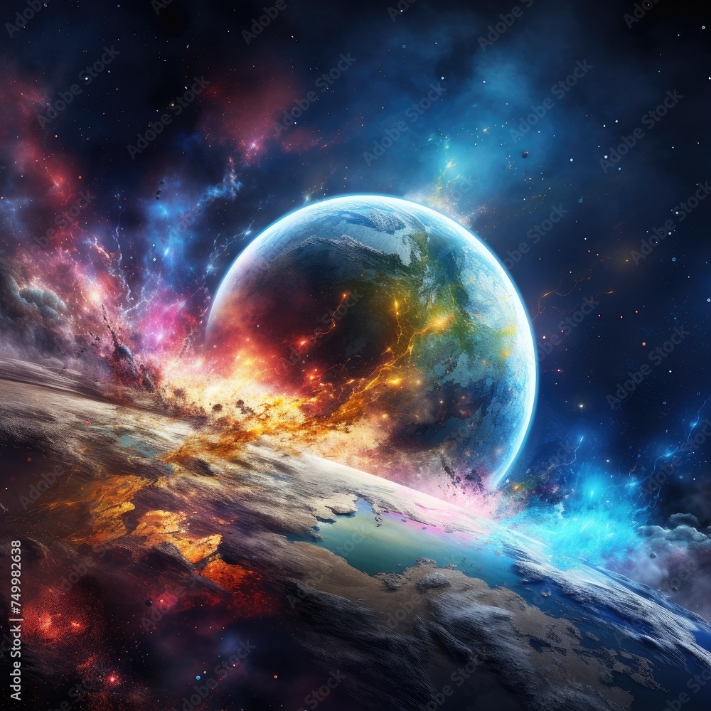 Planet Earth with Moon and Colorful Nebula on background