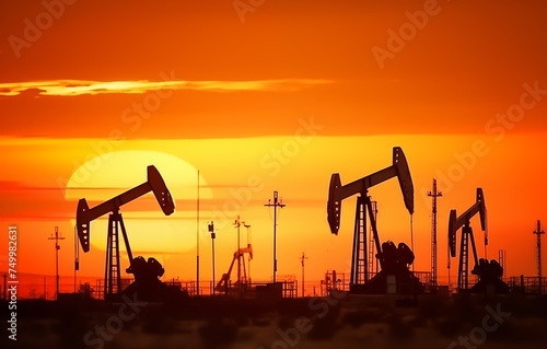 Oil drill rig and drilling derrick. Crude oil Pumpjack on oilfield on sunset. Fossil crude extraction. Global crude oil Prices  petroleum demand OPEC . Oil prices on global market. Pump jack  oilfield