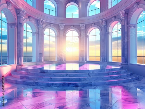 sunset Atrium with Marble Elegance. A luxurious marble atrium with tall windows offering a sunset view.