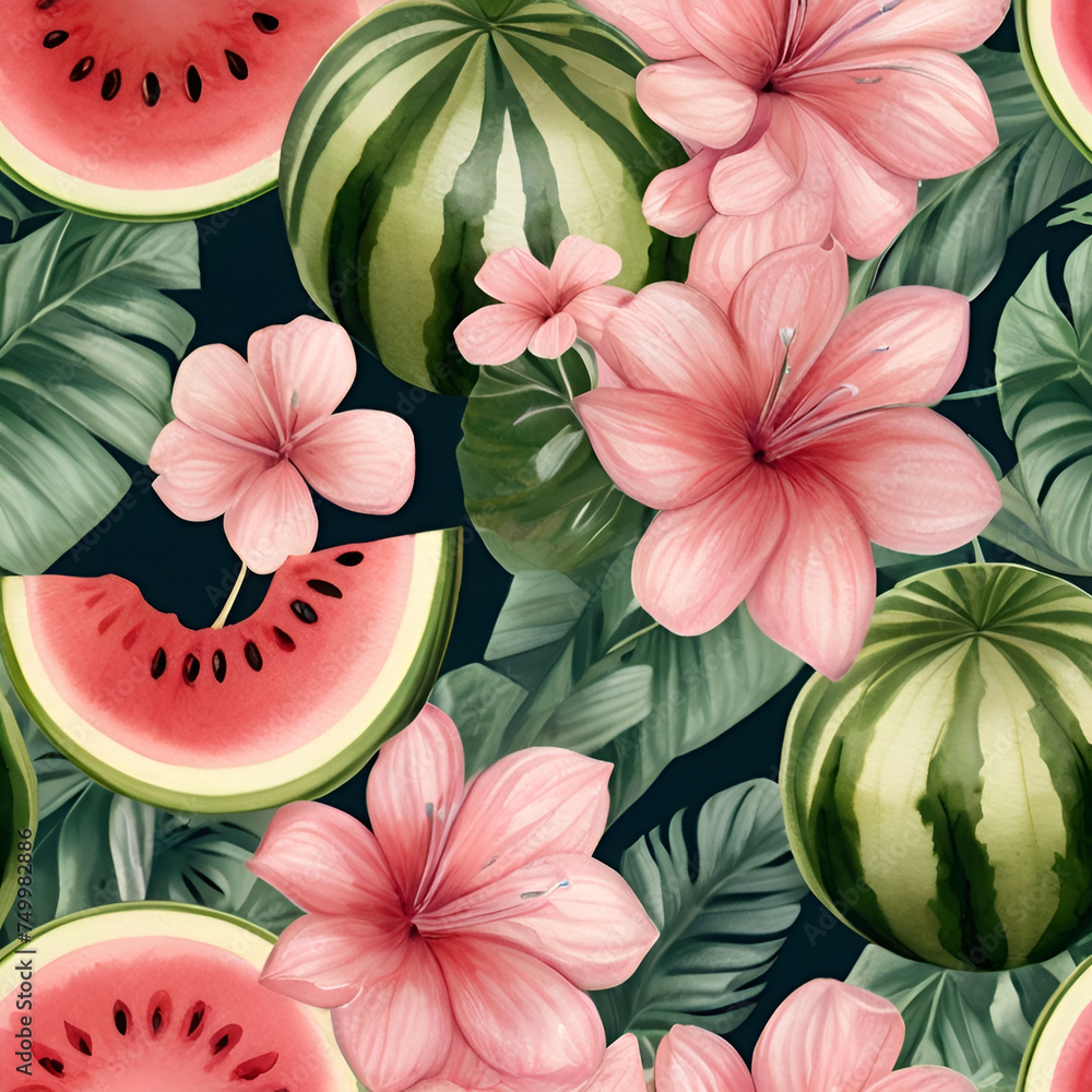 Obraz premium Watercolor watermelon pattern, generative ai