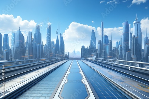 Illustration of a futuristic cityscape, a hyper realistic future city with a beautiful view of the sky. and modern city perspective futuristic hi-tech background