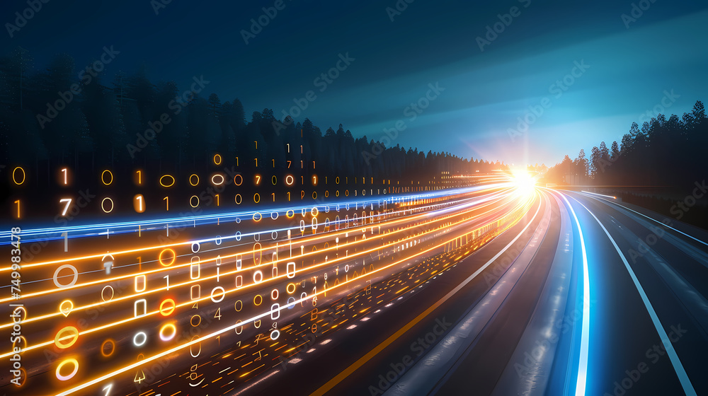 Obraz premium Sunset Highway With Digital Binary Code Overlay