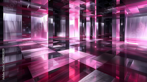 Abstract Pink and Black Geometric Space With Reflective Surfaces