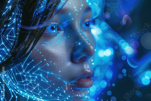 Close-up portrait of a human-shaped AI female face. The face glowed blue. and digital networks, data processing concepts The combination of AI and people working together. Beautiful blue color.