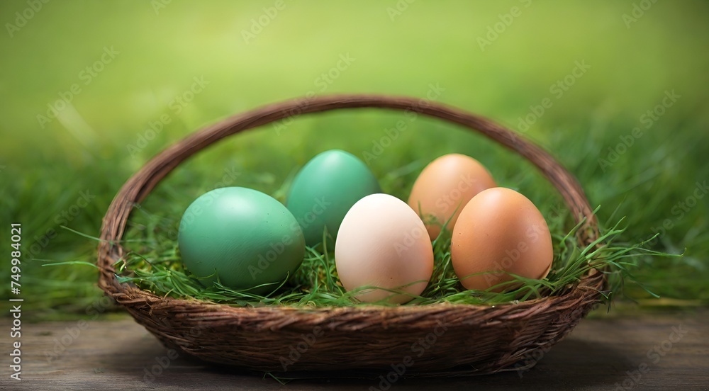 Many colorful Easter eggs in a brown basket. Many colorful Easter eggs in a brown basket.