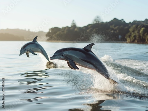 Majestic dolphins leaping out of the water in a breathtaking slow-motion capture, showcasing their playful nature and freedom © cherezoff