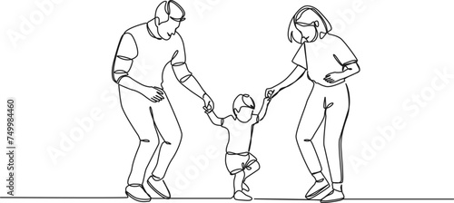 continuous single line drawing of happy parents having fun with their toddler, line art vector illustration