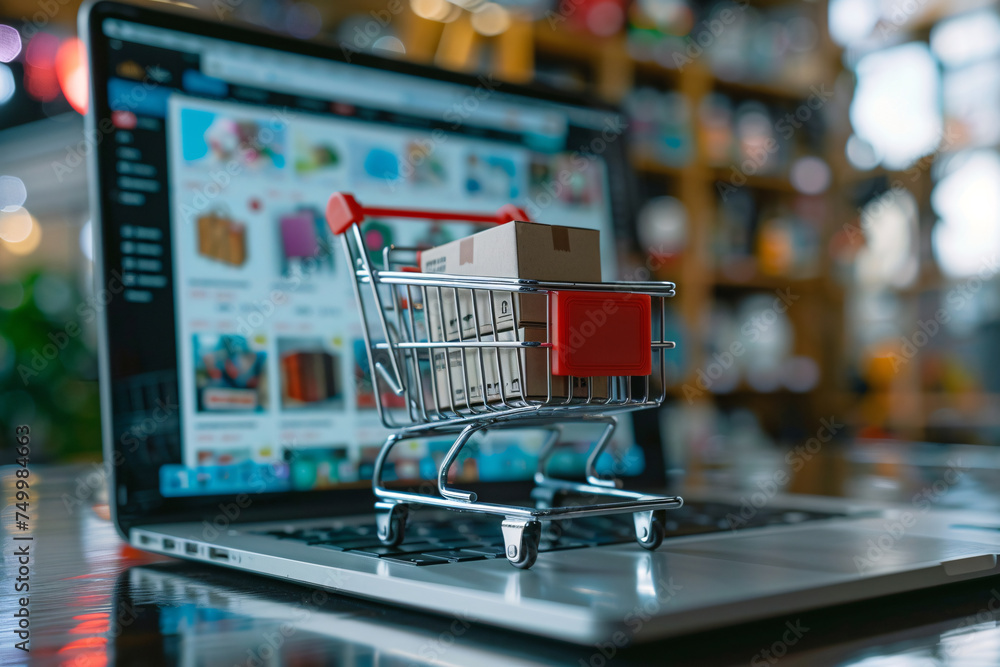 Online shopping concept, a miniature  shopping cart filled with packages standing on a laptop