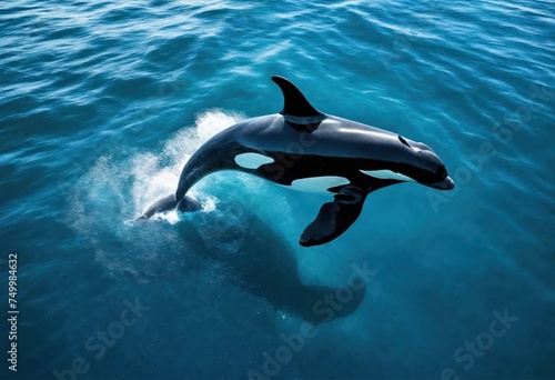 Orca in the ocean from above: top view, marine mammal, wildlife, sea life, deep sea swimming, natural environment, blue sea