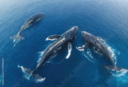 Top view  A family of humpback whales in the ocean