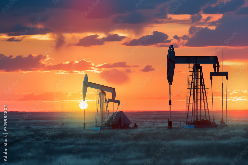 Oil drill rig and drilling derrick. Crude oil Pumpjack on oilfield on sunset. Fossil crude extraction. Global crude oil Prices, petroleum demand OPEC+. Oil prices on global market. Pump jack, oilfield - obrazy, fototapety, plakaty 