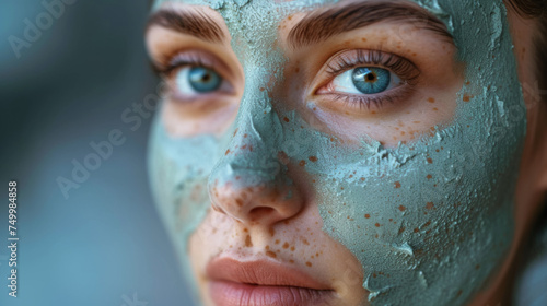 Face of a beautiful woman in close-up with a clay mask for natural facial care during a cosmetic skin care procedure, SPA treatments, a banner with added cosmetics on a light background, a copy space