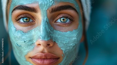 Face of a beautiful woman in close-up with a clay mask for natural facial care during a cosmetic skin care procedure, SPA treatments, a banner with added cosmetics on a light background, a copy space
