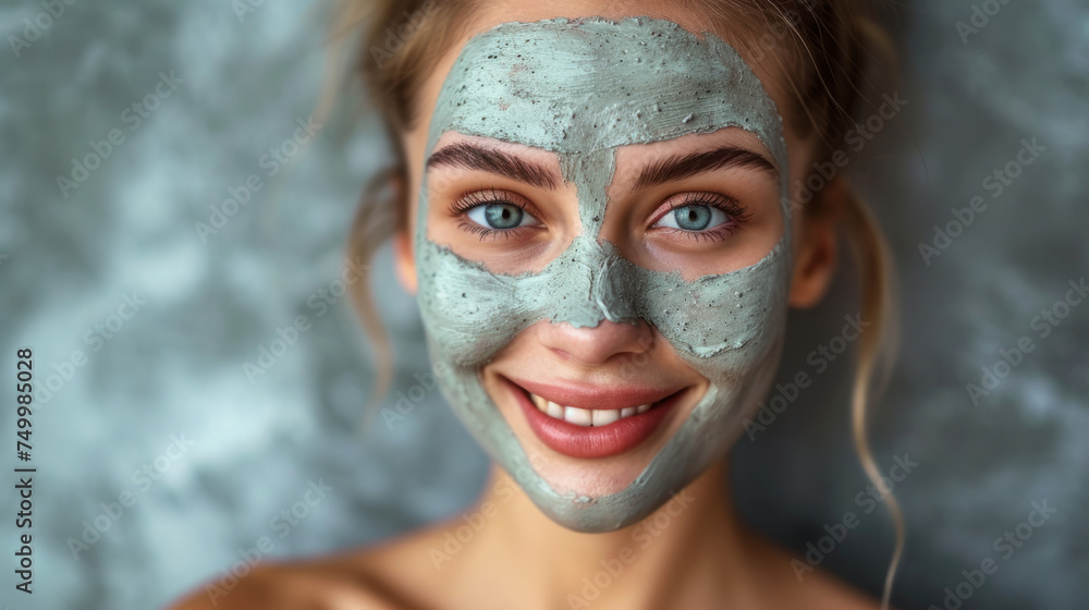 A smiling woman in a clay face mask for natural facial care during a cosmetic skin care procedure, a banner with the addition of cosmetics on a light background, with space to copy A smiling woman in a clay face mask for natural facial care during a cosmetic skin care procedure, a banner with the addition of cosmetics on a light background, with space to copy