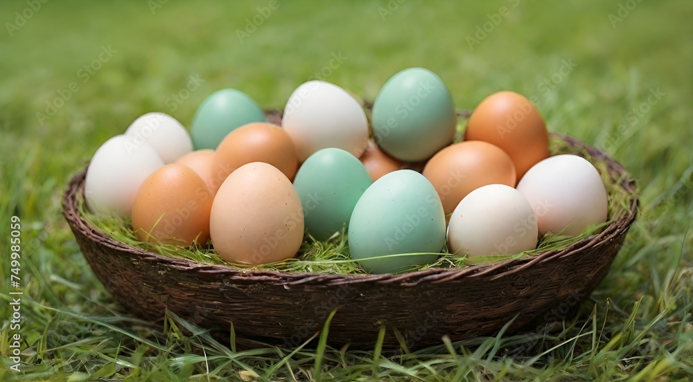 Many colorful Easter eggs in a brown basket. Many colorful Easter eggs in a brown basket.