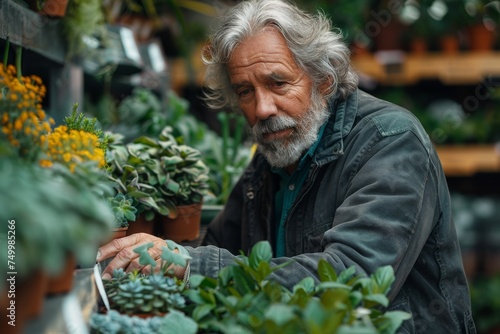 A mature man with a white beard thoughtfully tends to plants in a greenhouse setting © familymedia