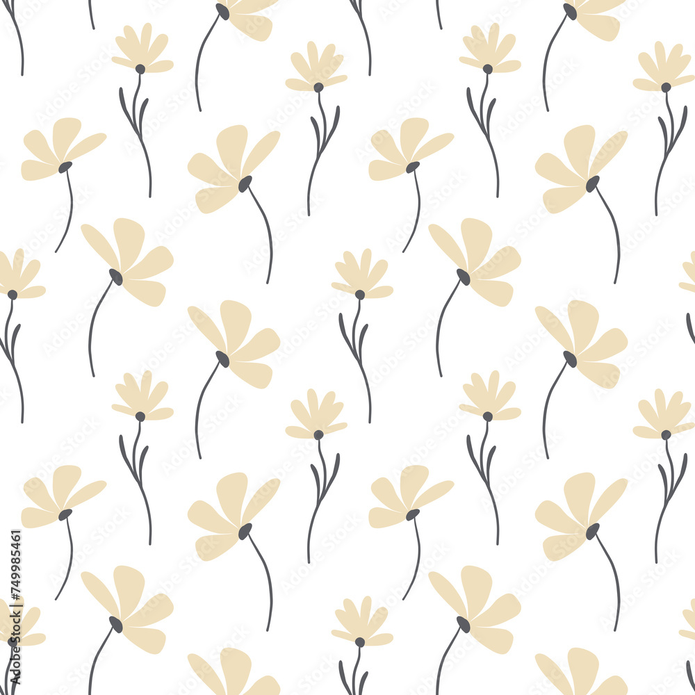 A seamless pattern featuring stylized beige flowers with dark stems on a white background, ideal for fabric, wallpaper, or backgrounds.