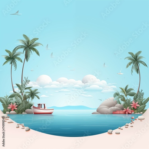 Card template with coconut tree on little island and cute boat on blue background for cute and travel design