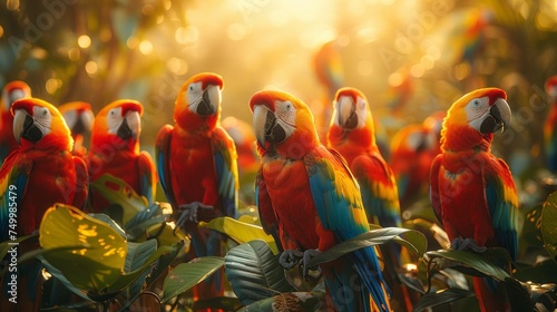 A flock of colorful parrots perched on a tree branch