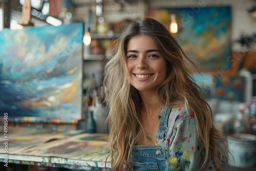 Young female artist with an infectious smile surrounded by her artwork in a cozy, creative art studio