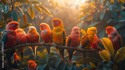 Colorful birds, including parrots and songbirds, perch on a jungle tree branch