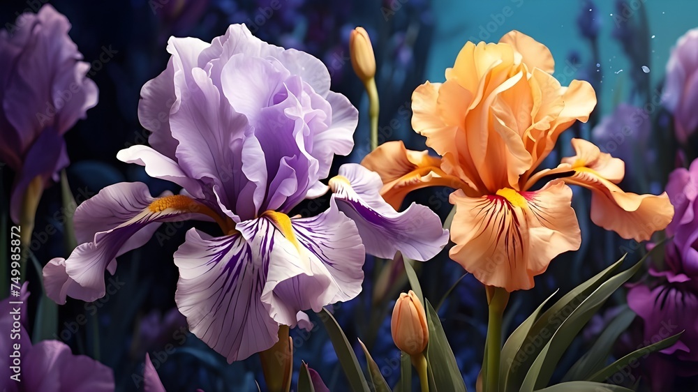 iris flowers in spring, Step into a dreamlike garden and witness the delicate beauty of an Iris Flower, portrayed in a stunning 2D animation style with enhanced details and a burst of vibrant colors.