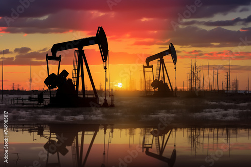 Oil drill rig and drilling derrick. Crude oil Pumpjack on oilfield on sunset. Fossil crude extraction. Global crude oil Prices, petroleum demand OPEC+. Oil prices on global market. Pump jack, oilfield