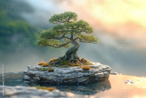 Exquisite bonsai tree in tranquil setting, Japanese art and harmony with copy space