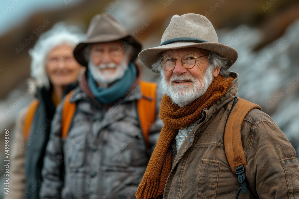 Three seniors outdoors, one in focus with a smile, wearing hats and backpacks, suggesting a hiking trip