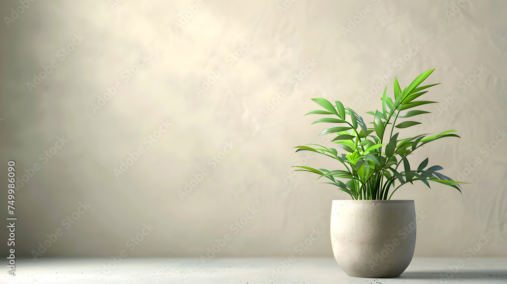 Fresh green plants in a pot or vase, for interior decoration. There is space for placing text.