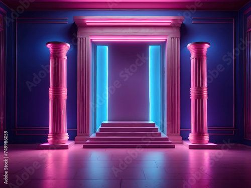 Ancient Greek-style pillars three podiums and a door on blue pink violet neon, ultraviolet light, night club empty room interior design, tunnel or corridor, glowing panels