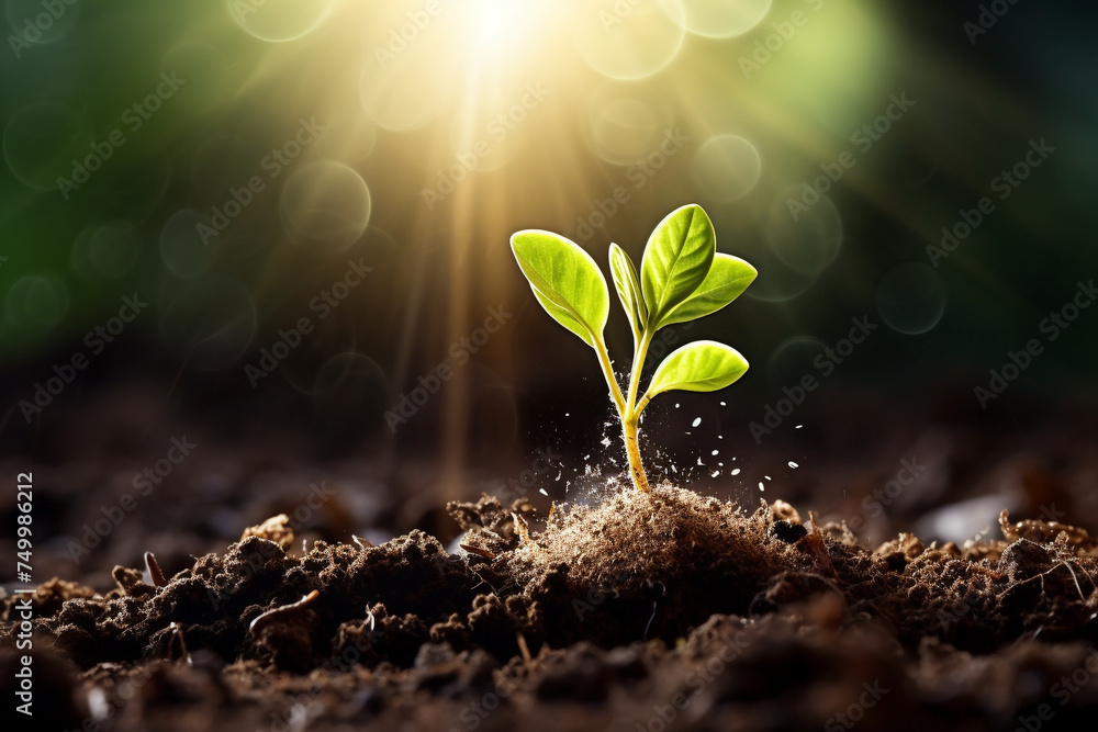 seeds growing from fertile soil to shining morning sunlight, ecology concept - obrazy, fototapety, plakaty 