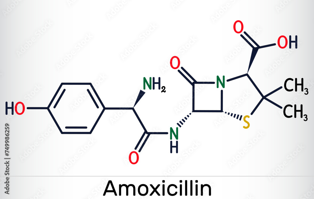 Amoxicillin drug molecule. It is beta-lactam antibiotic. Skeletal chemical formula Amoxicillin drug molecule. It is beta-lactam antibiotic. Skeletal chemical formula
