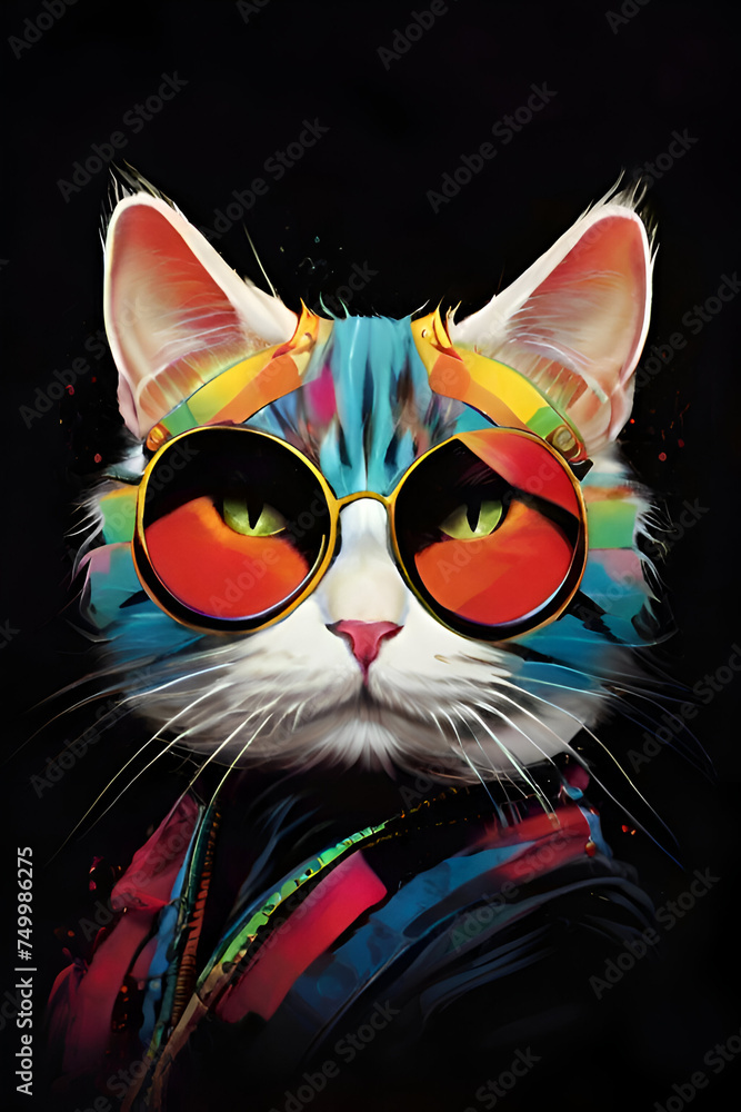 Portrait of a cat with sunglasses on a black background. Colorful illustration.
