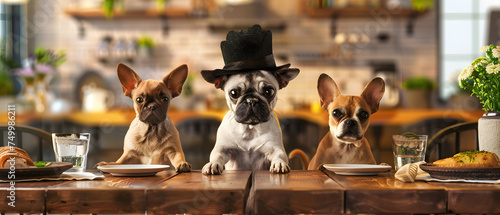 Chihuahua, pug, puppy sitting at a table in a restaurant