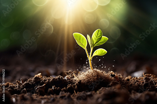 seeds growing from fertile soil to shining morning sunlight, ecology concept photo
