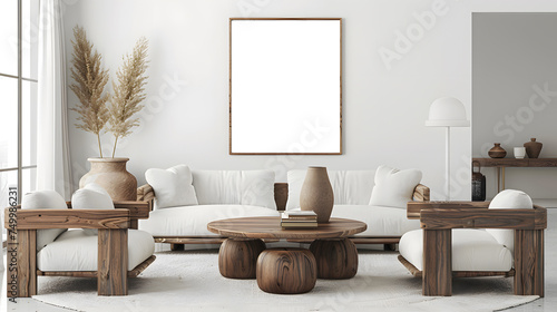A comfortable living room with a wooden table and chairs for socializing. empty picture frame