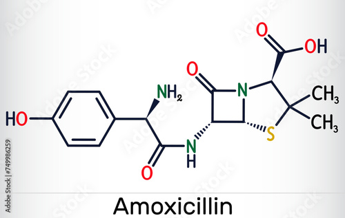 Amoxicillin drug molecule. It is beta-lactam antibiotic. Skeletal chemical formula photo