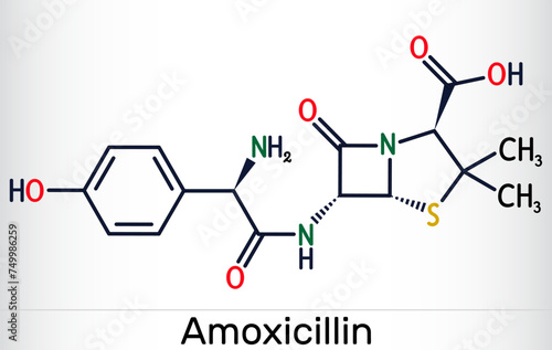 Amoxicillin drug molecule. It is beta-lactam antibiotic. Skeletal chemical formula