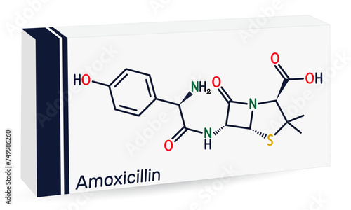 Amoxicillin drug molecule. It is beta-lactam antibiotic. Skeletal chemical formula. Paper packaging for drugs.