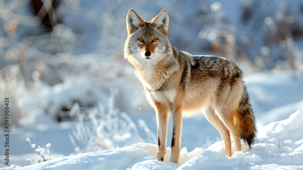 wild coyote standing in snowy landscape facing the camera wild coyote standing in snowy landscape facing the camera