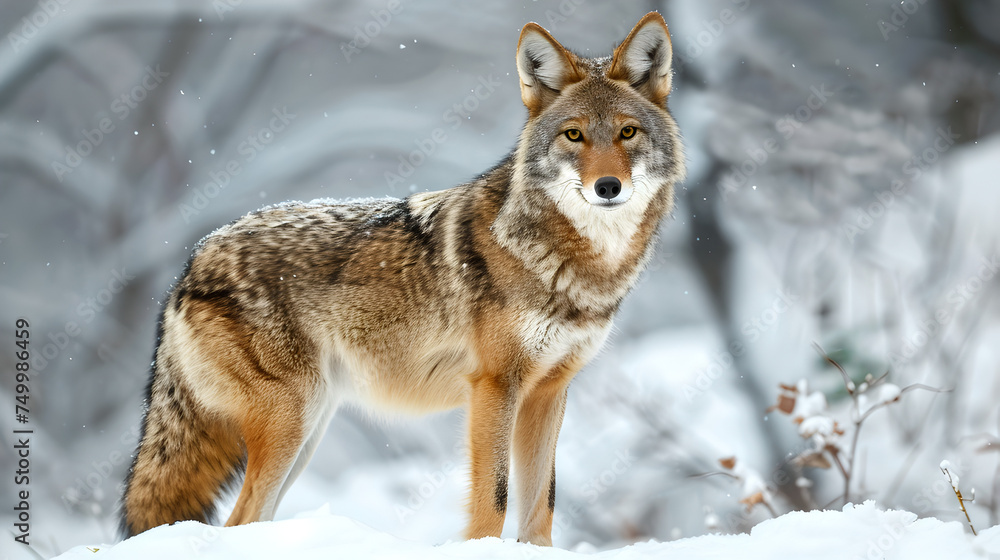 Fototapeta premium coyote standing in forest during winter: prairie wolf facing the camera with snow flakes falling from the sky behind blurred background