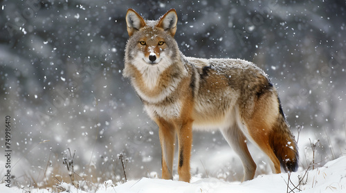 coyote standing in forest during winter  prairie wolf facing the camera with snow flakes falling from the sky behind blurred background