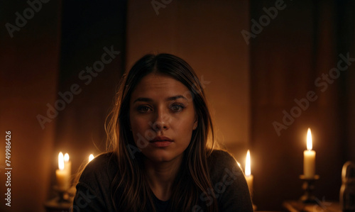 A woman sits in a dark room with lit candles around her, dimly lit room. Mourning, divination, power outage, candlelight, mystery, ritual, darkness, silence, emotion, spirituality.  photo