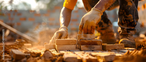 Close-up view of a construction worker laying bricks