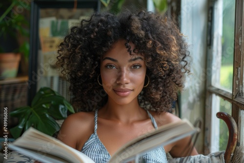 Young woman with curly hair reads by a window, immersed in a book with natural light pouring in