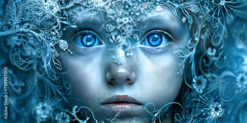 The intense stare of a child with striking blue eyes and intricate frost patterns.