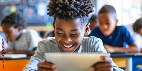 Joyful African American boy using a tablet in a classroom with other focused students, vibrant educational environment. photo